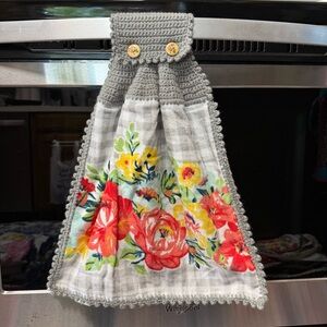 Floral Hanging Kitchen Towel with Crochet Top